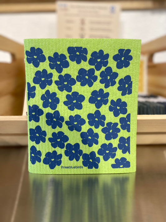 Swedish Dishcloth, Blue Poppies on Green